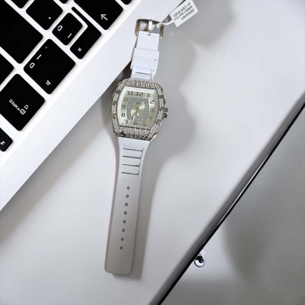 Techno Pavé Iced Out Tonneau Watch White Silicone CZ Bezel NWT Unisex